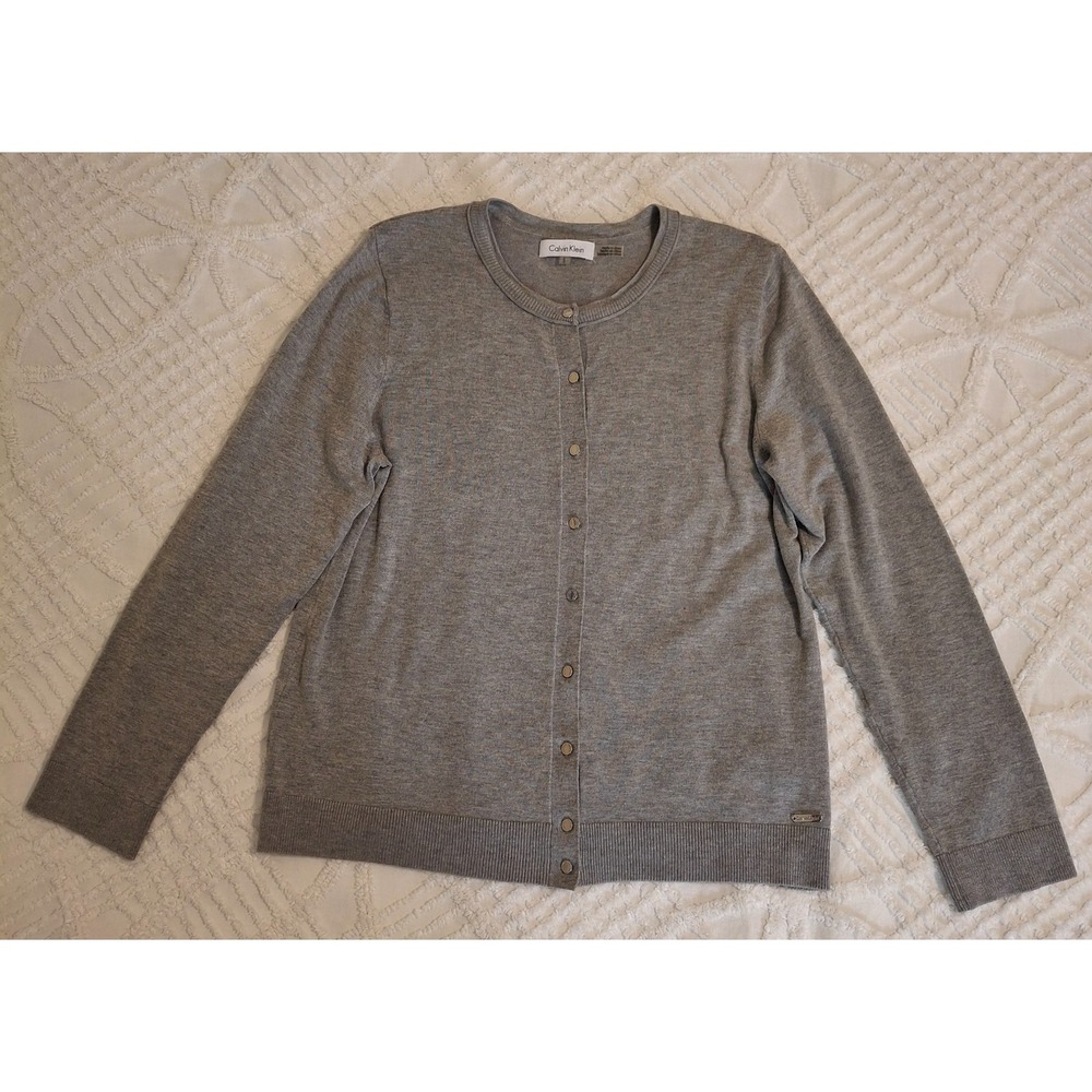 Calvin Klein Womens Large Cardigan Gray Button Front‎ Crew Neck Sweater